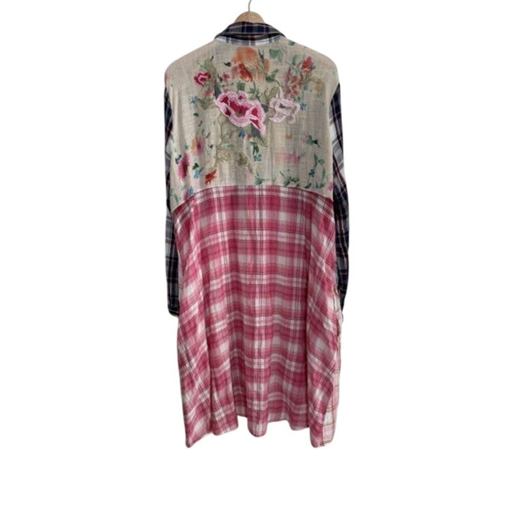 Philosophy Shirt Dress Womens L Plaid Floral Mixed Print Button Front Boho Midi - Picture 6 of 11